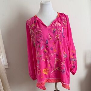 Johnny Was Zadonia Blouse XL Hot Pink Embroidered Boho Tunic